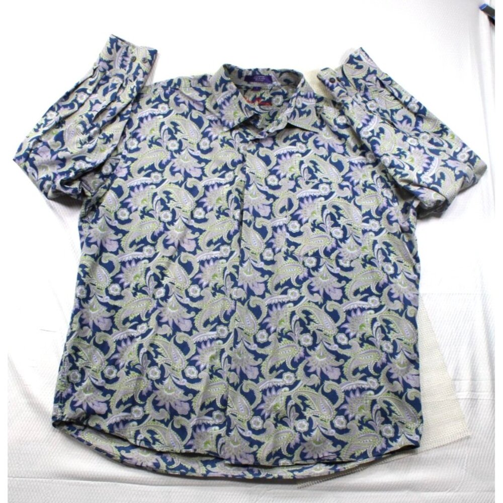 Alan Flusser Mens Large Paisley Floral Button-Up Shirt 100% Cotton Blue Purple G